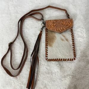 Cowhair, Genuine Tooled Leather Crossbody Phone Case with Fringe Charm NWOT